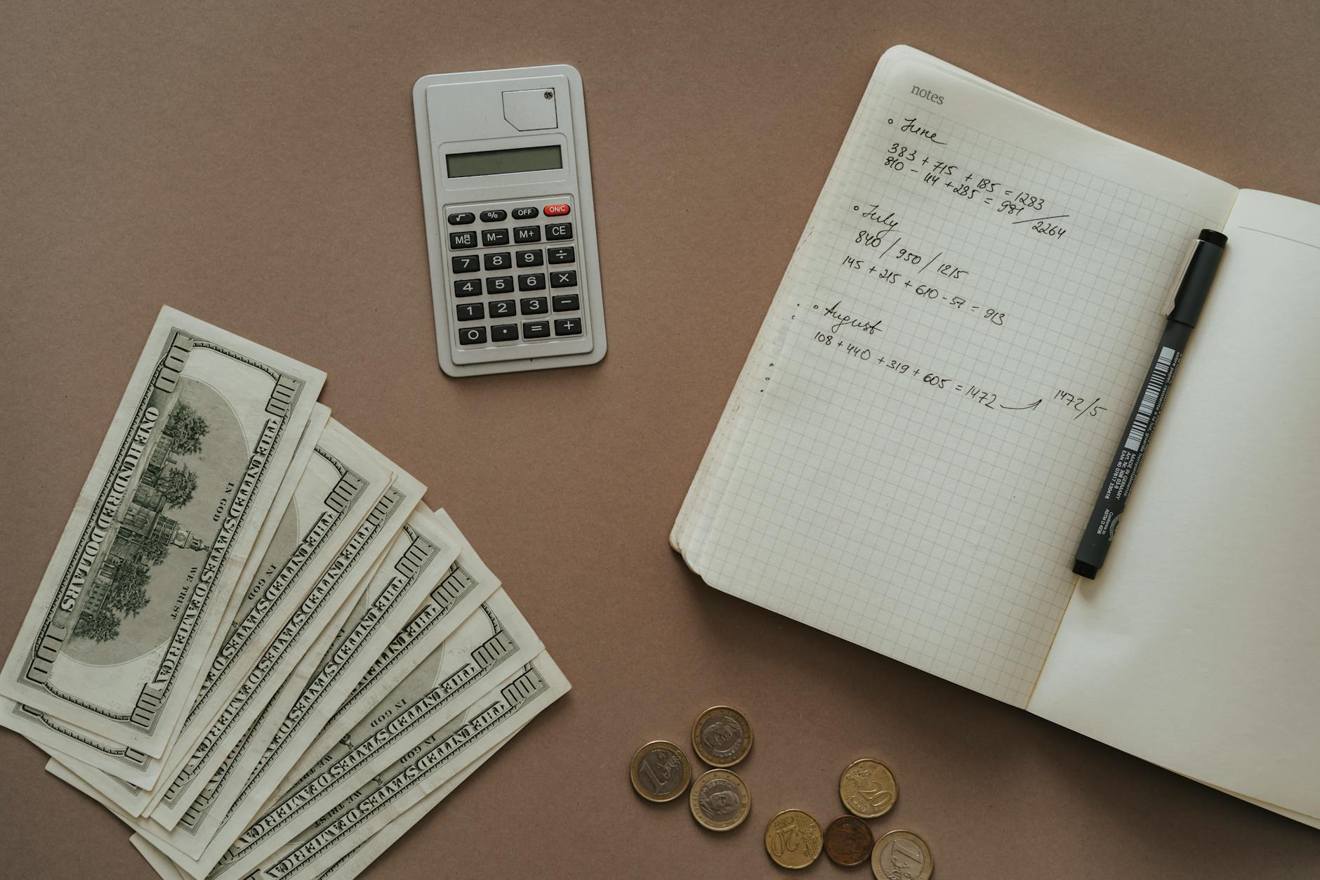 Kalkulator, notes i banknoty jako planowanie budżetu na oprawę muzyczną